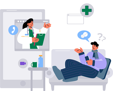 Symcure mobile app showing doctor consultation interface on Android and iOS