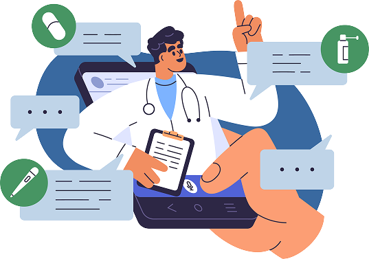 Symcure mobile app showing doctor consultation interface on Android and iOS