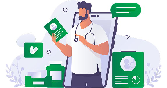 Symcure mobile app showing doctor consultation interface on Android and iOS